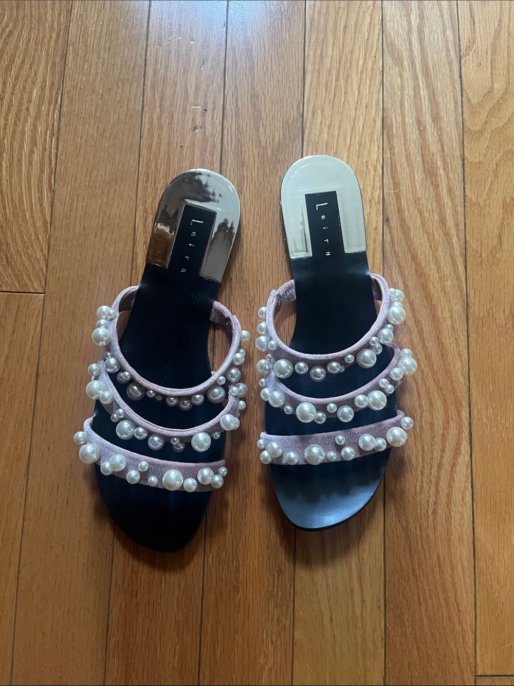 Leith Pink Pearl-Embellished Slide Sandals
